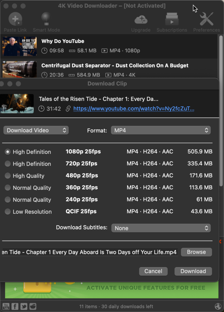 4K Video Downloader User Interface - Free Version - Video Download Options