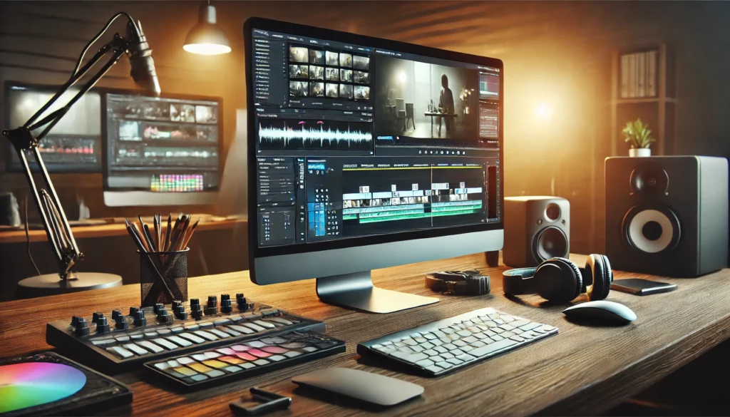 Macpro with video editor up on screen in a professional studio